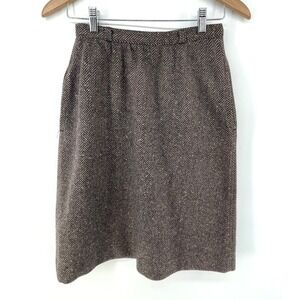 Vintage Tweed Skirt 10 Brown Wool Blend Herringbone Preppy Academia 25Wx25L